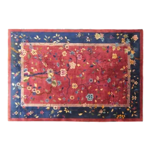 Antique Chinese Oriental Rug, in Room Size, with Flowers and Red and Blue Tones
