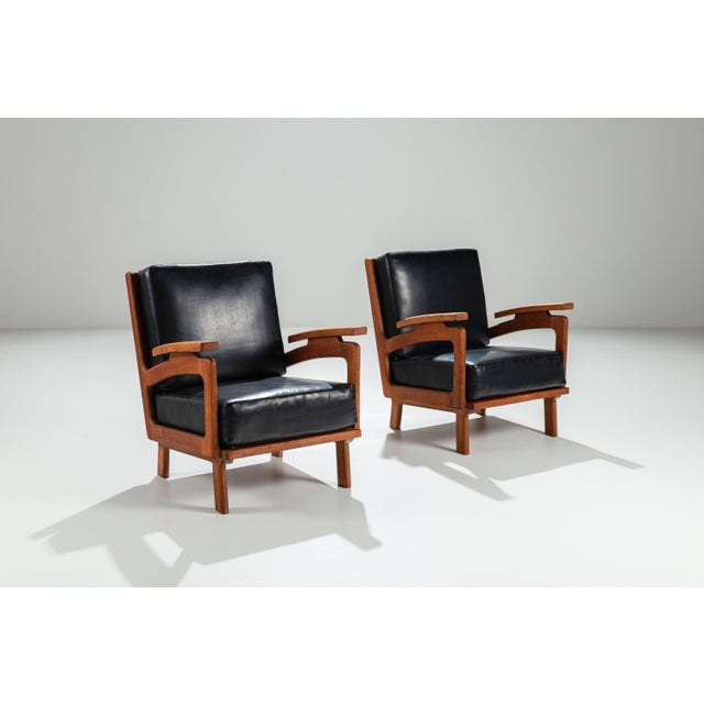 Belgian Lounge Chairs in Oak with Leather Cushions, 1960s, Set of 2 For Sale - Image 4 of 17