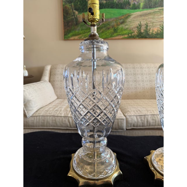 Vintage Waterford Style Elegant Large Crystal and Brass Table Lamps - a Pair For Sale - Image 4 of 9