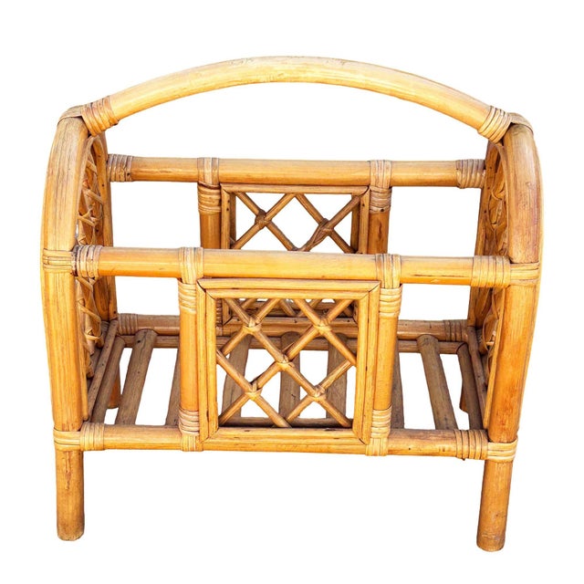 Restored Mid 20th Century Rattan "Triumphal Arch" Magazine Rack With Handle For Sale - Image 4 of 4