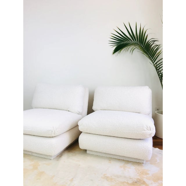 Vintage 1970s Pair of Modern Slipper Chairs & Ottoman in White Faux Shearling / Boucle Upholstery by Marge Carson For Sale - Image 11 of 11