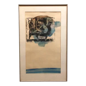 Stefan Alexander, Abstract with Figures Israeli Mid Century Modernist Woodcut Watercolor Painting