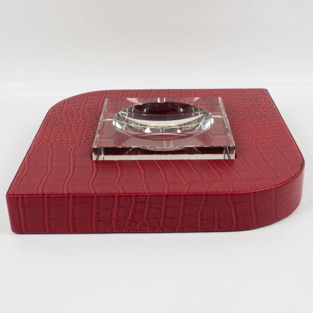 Glass Dupre Lafon Style Red Leather and Crystal Cigar Ashtray Catchall Desk Tidy For Sale - Image 7 of 13