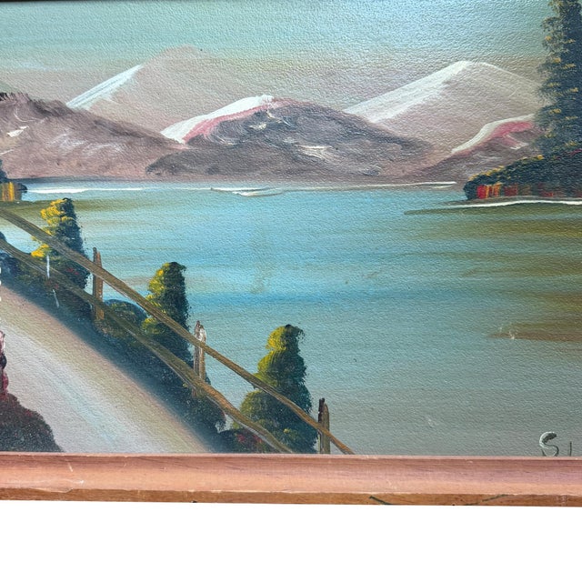Mid-Century Folk Art Mountain Cabin Landscape Oil Painting in Walnut Frame For Sale In Oklahoma City - Image 6 of 11