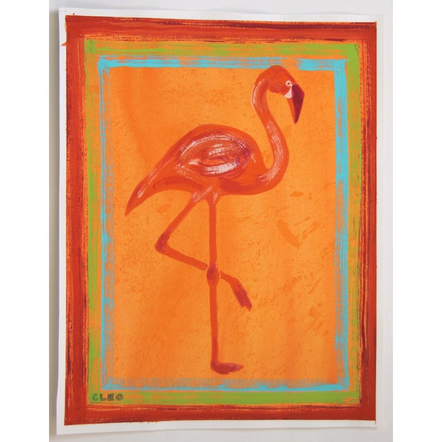 Contemporary Flamingo Bird Portrait Orange Tropical Minimalism Art Deco Pop Art Americana Original Painting Cleo Plowden For Sale - Image 3 of 4