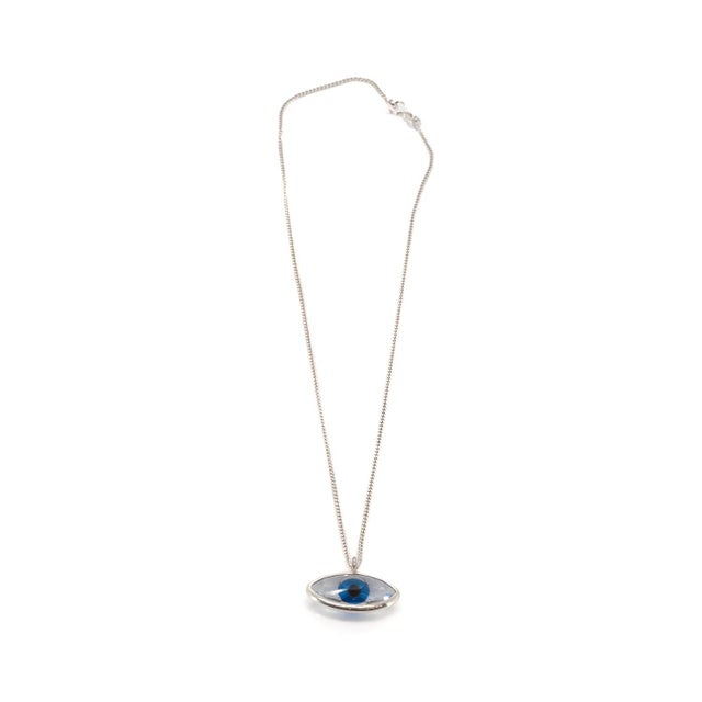 Contemporary Protective Blue Evil Eye Glass Pendant Sterling Silver Necklace For Sale - Image 3 of 8