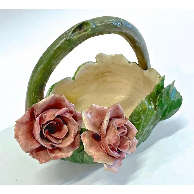 Antique French Barbotine Majolica floral basket vase with handle. No maker's marks.