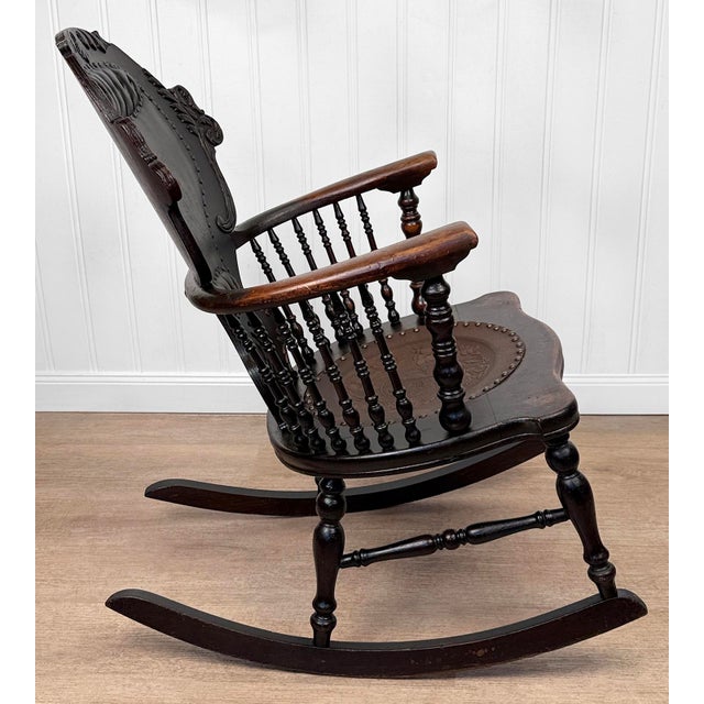 Antique Victorian Carved Oak & Leather Tufted Rocking Chair For Sale - Image 6 of 15