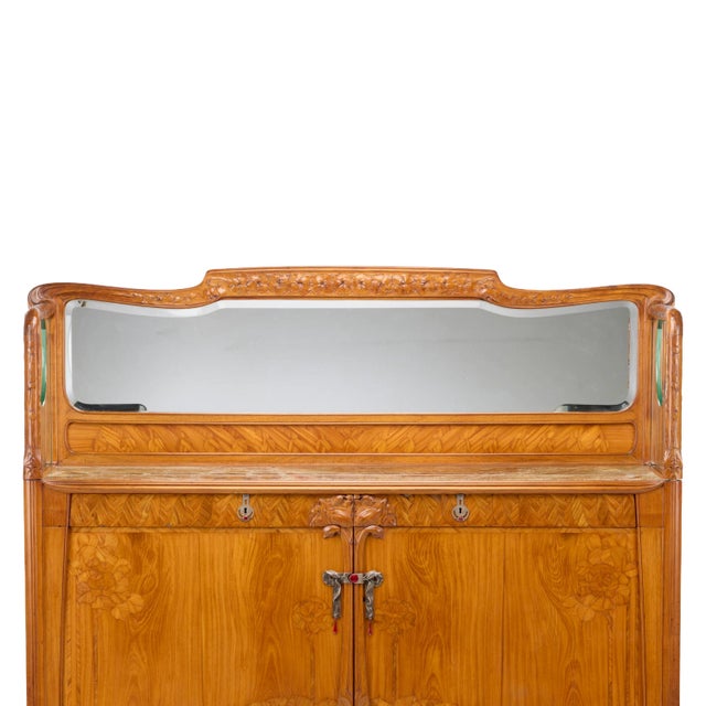 Wood Antique Art Nouveau Style Oak & Mahogany Sideboard With Mirrored Backdrop For Sale - Image 7 of 8
