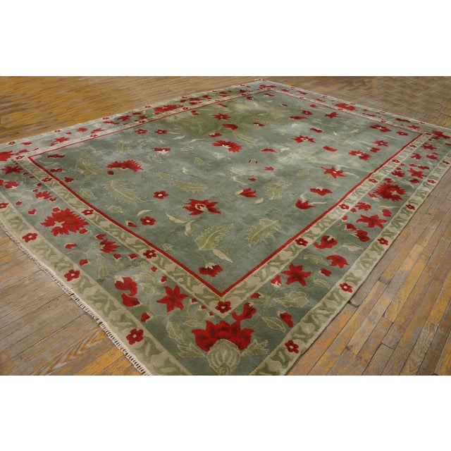 Awesome Green Ground Color With Striking Red Flowers in a Floral Design Antique Chinese Art Deco Rug For Sale - Image 4 of 12