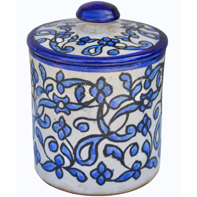 Moroccan Mid 20th Century Andalusian-Patterned Blue Ceramic-Art Lidded Jar For Sale - Image 3 of 8