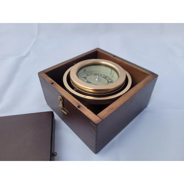 Wood Brass Boat Compass in Varnished Wood Box For Sale - Image 7 of 9