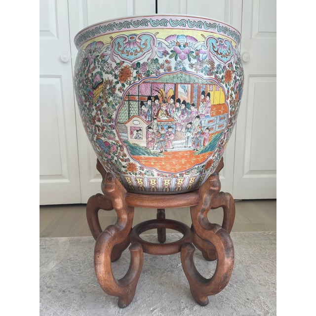 Late 20th Century Canton People Chinese Large Planter With Wooden Carved Stand For Sale - Image 13 of 13