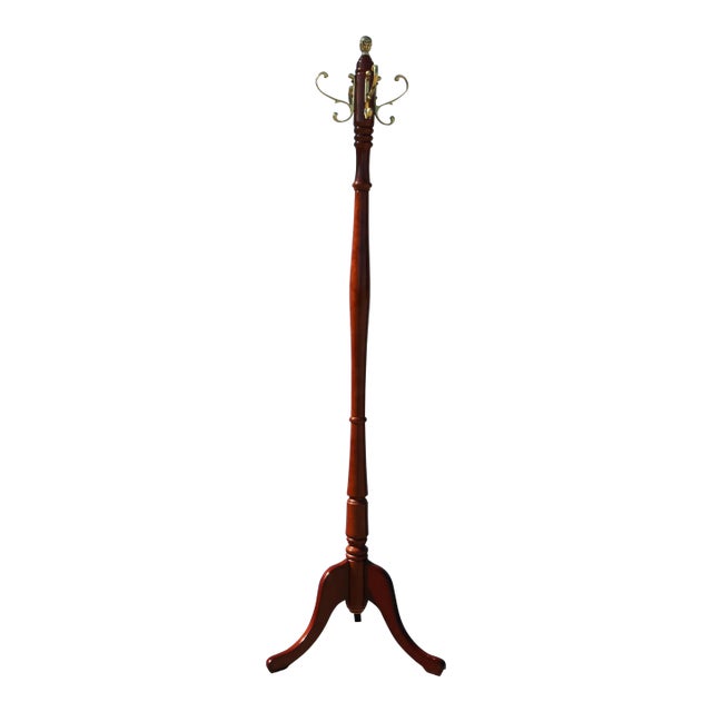 Traditional Vintage Mahogany Coat Tree With Brass Pineapple Finial Attributed to the Bombay Company For Sale