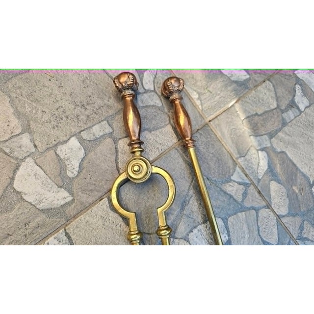 Art Nouveau, brass spatula, hook, for fireplace, stove, dimensions tongs height 64 cm, width 8 cm, depth 3 cm, spatula...