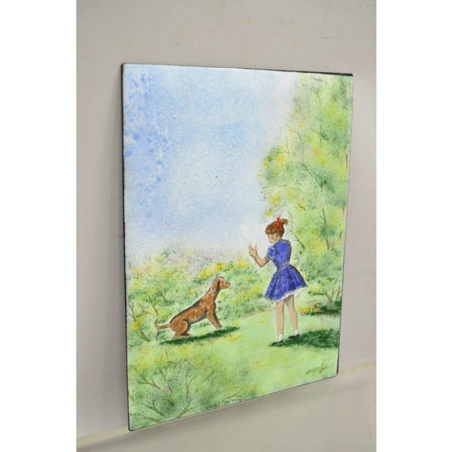 Green Dom Dominic Mingolla Enamel on Copper Painting Girl With Dog in Field 12 X 9 For Sale - Image 8 of 9