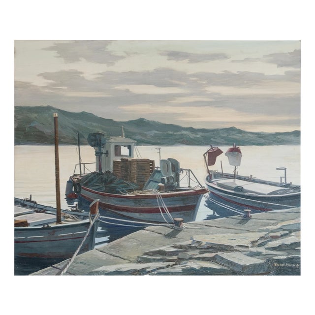 Mediterranean Fishing Boats, 1980s, Oil on Canvas For Sale