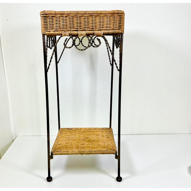Boho Chic 1980s Vintage Coastal Boho Chic Arts & Crafts Wicker and Twisted Rope Metal Plant Stand For Sale - Image 3 of 12