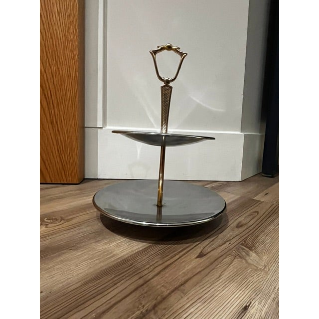 Mid 20th Century Vintage Kromex Tidbit Tray Two Tier Stainless Gold Tone Center Post For Sale - Image 5 of 14
