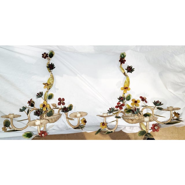 Pair of Italian Tole Painted Floral Wall Sconces Candleabra For Sale - Image 11 of 11