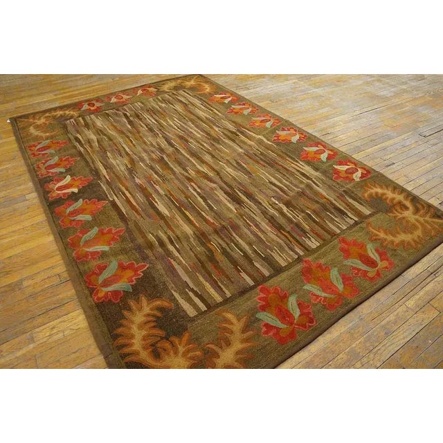Pretty Sienna-Brown Background With Detail of Folk Art Styles in a Strie Pattern Antique American Hooked Rug For Sale - Image 4 of 10