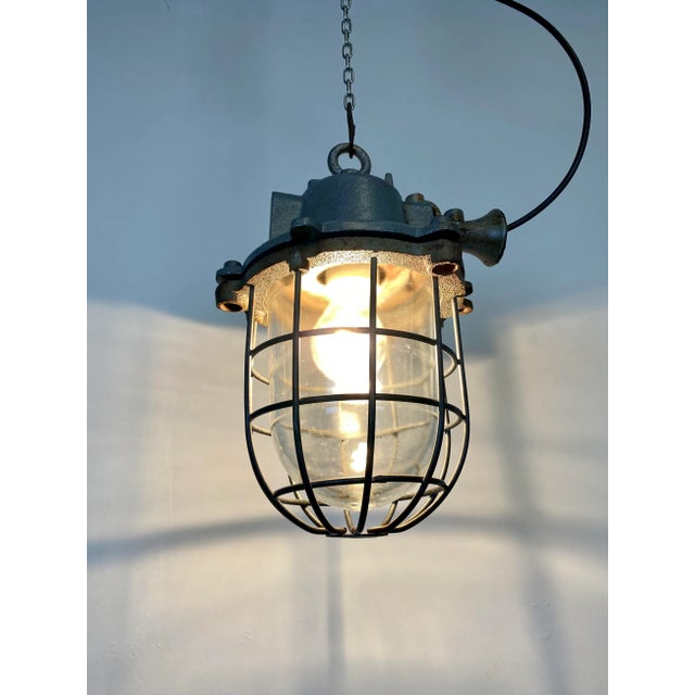 Industrial Grey Cast Iron Cage Pendant Light, 1960s For Sale - Image 10 of 14