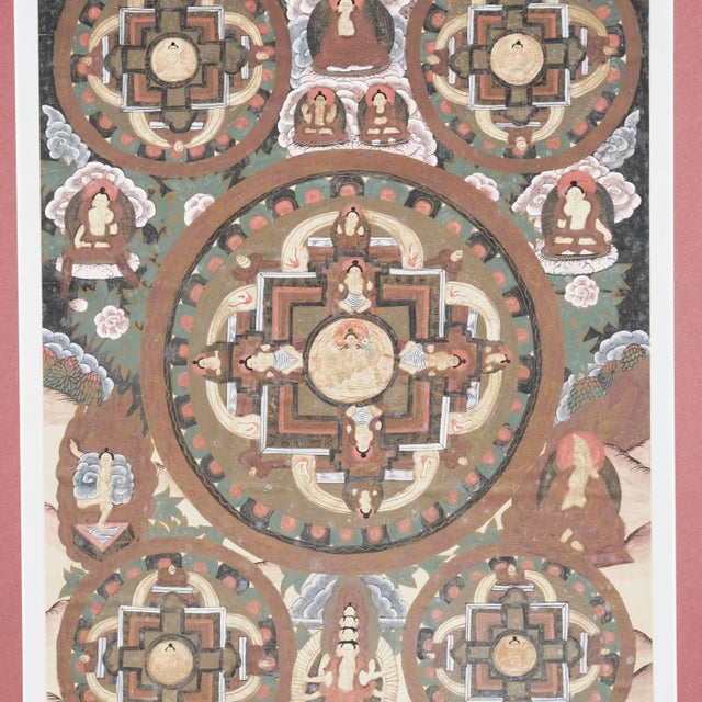 Figurative 19th Century Tibetan Thangka Featuring Buddhas in Various Mudras Painted on Silk ~ Board Mounted Matted and Unframed For Sale - Image 3 of 10