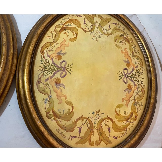 Pair of 2 Large Vintage Oval Original Hand Painted Oil Painting Cherub Frescos For Sale In New York - Image 6 of 15