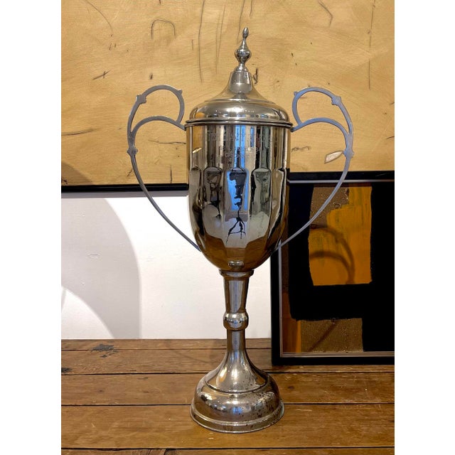 Large Vintage Silver Plate Trophy Urn With Lid, Sculptural Decorative Object For Sale - Image 4 of 7