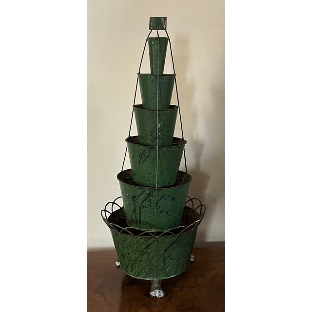 Antique 19th century French tole graduated seven-tiered centerpiece for arranging flowers. Old green painted chippy...