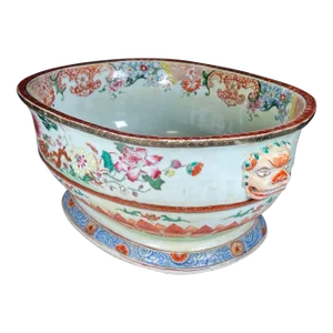 Large Antique 18th Century Chinese Export Qianlong Famille Rose Porcelain Jardiniere or Basin With Mask Handles Circa 1730