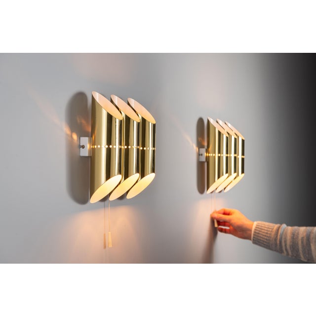 1970s Triple Cylindrical Wall Lamps in Brass with Perforated Shades, 1970s, Set of 2 For Sale - Image 5 of 14