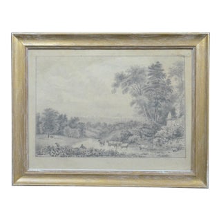 19th Century European School Pastoral Landscape With Cattle, Graphite Drawing For Sale