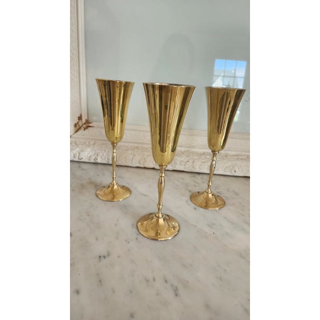 Vintage Indian Brass-Plated Tall Goblets, Set of 3 For Sale - Image 4 of 15