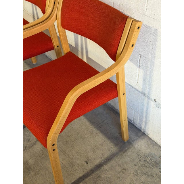 Red Fabric Bentwood Armchairs Pair Scandinavian Mid-Century Modern 1970s For Sale - Image 4 of 12