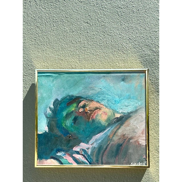 Cerulean Vintage Original Painterly Portrait Air Reclining Man For Sale - Image 8 of 12