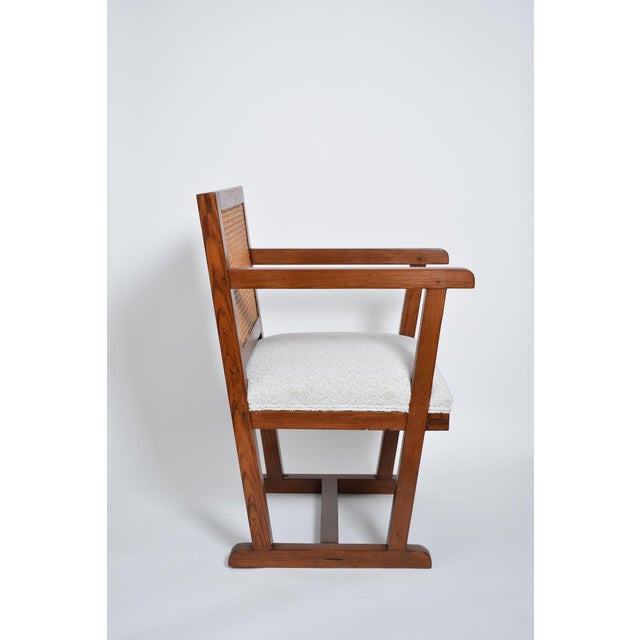 Fabric and caning armchair, 1950s Height: 88 cm - 34.65 in Length: 53 cm - 20.87 in Width: 60 cm - 23.62 in Seating...