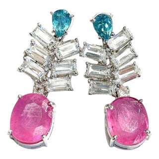 Bochic "Orient" Vintage Ruby, Topaz & Blue Appetite Earrings 18K Gold & Silver For Sale