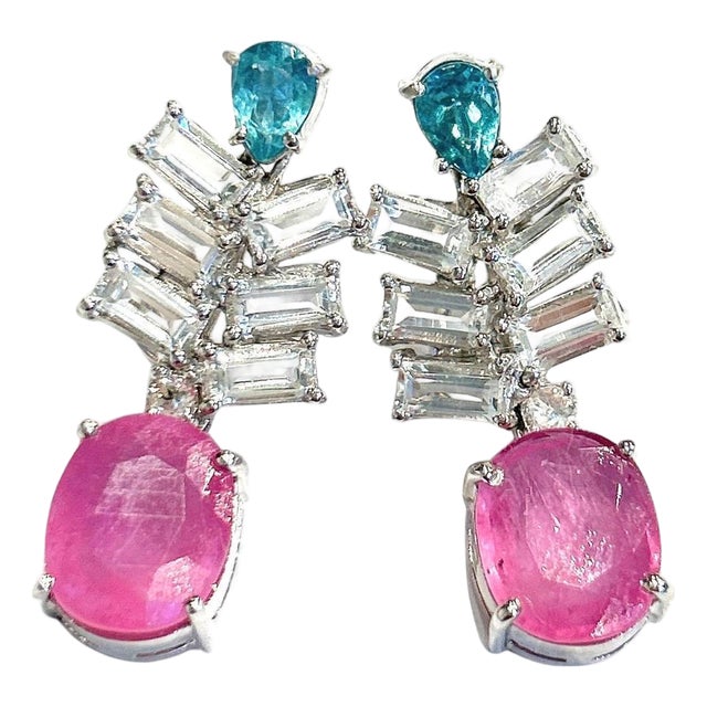 Bochic "Orient" Vintage Ruby, Topaz & Blue Appetite Earrings 18K Gold & Silver For Sale