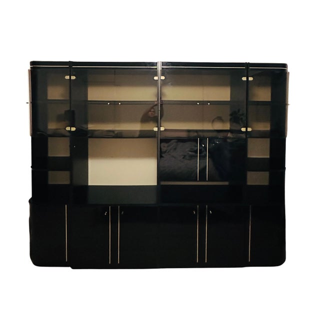 1980s Black Lacquered Post Modern Four Piece Wall Cabinet Curio Office Storage Unit With Display Lights For Sale - Image 12 of 12