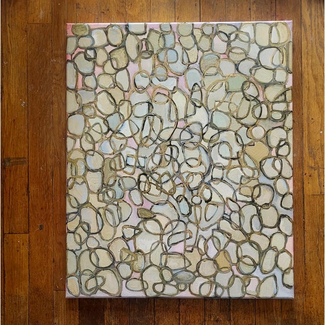 Untitled #423 (2022) Is an Abstract Oil Painting on Linen Canvas by Lynn Christian. Gold. Pink. Pale blue.