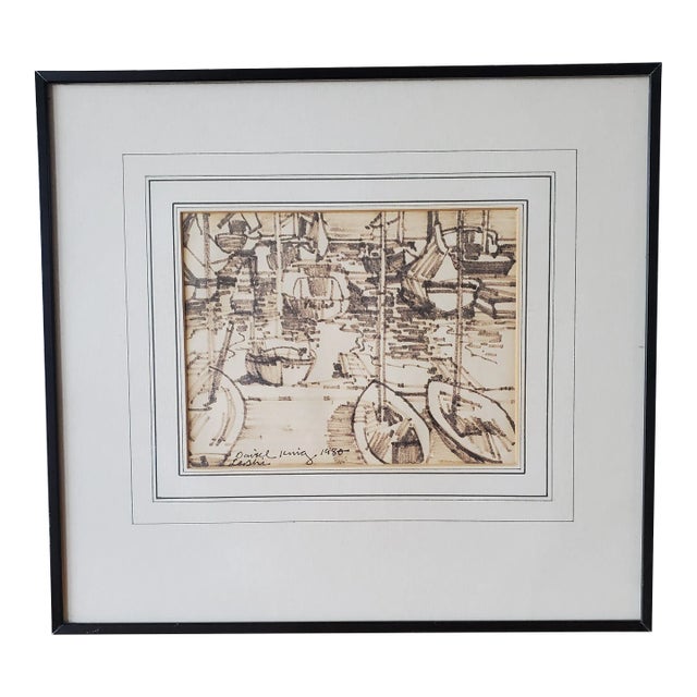 Original Sepia Toned Nautical Sailboats Drawing of Leschi Seattle For Sale