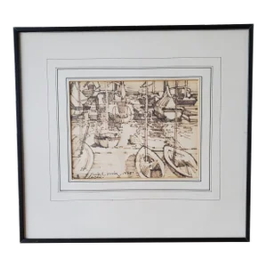 Original Sepia Toned Nautical Sailboats Drawing of Leschi Seattle