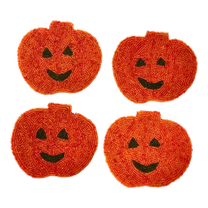1980s Vintage Americana Boho Chic Beaded Pumpkin Coasters - Set of 4, Halloween