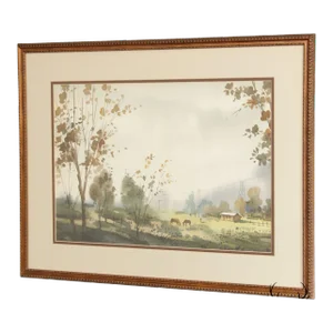 Pastoral Farm Landscape Watercolor Painting, Signed