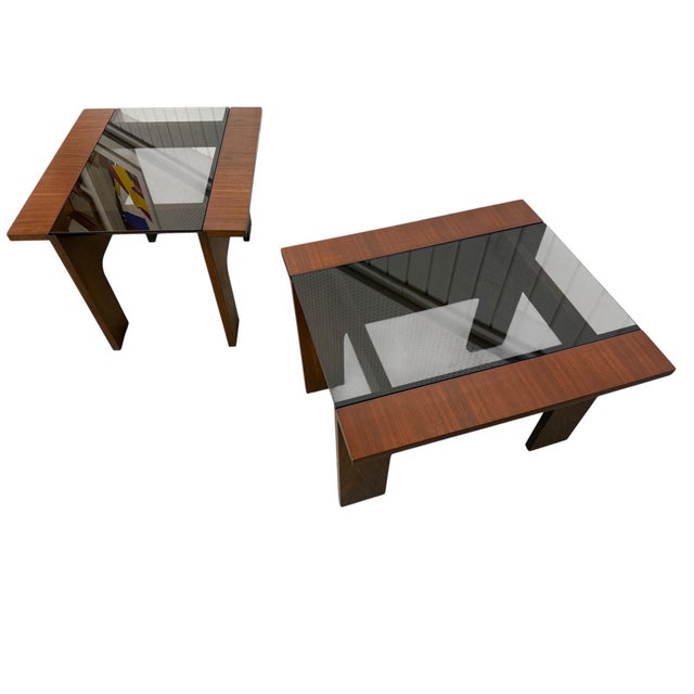 Mid-Century Modern Mid-Century Modern Lane Smoked Glass Walnut Side Tables - Set of 2 For Sale - Image 3 of 11