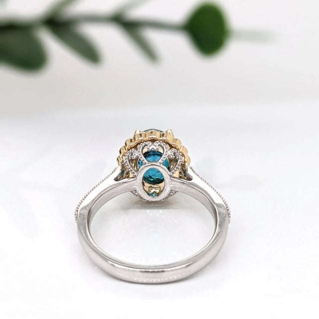 4.1ct Blue Zircon Ring W Earth Mined Diamonds in Solid 14k Dual Tone Gold Ov 9x7 For Sale In Columbus - Image 6 of 8