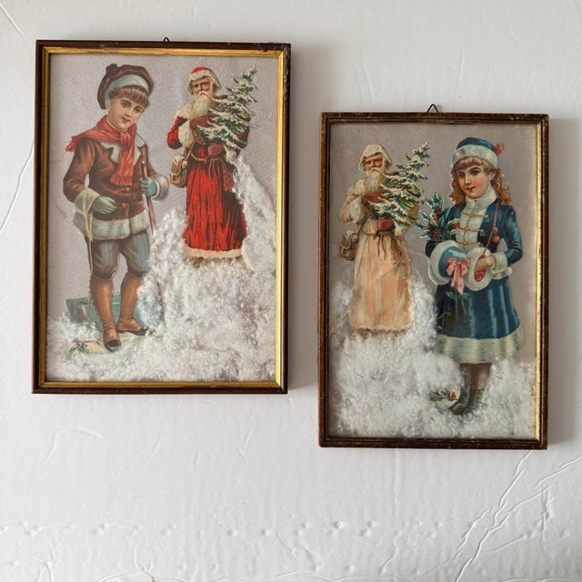 Vintage 1950s Italian Handmade Christmas Santa Wall Art With Faux Snow – Pair For Sale - Image 9 of 9