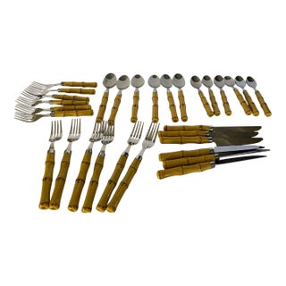 Late 20th Century Chinoiserie Faux Bamboo and Stainless Steel Flatware, 6 Place Settings - 36 Total Pieces For Sale