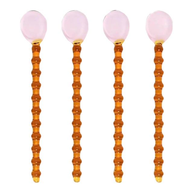 Contemporary Pale Pink Amber Beaded Glass Stirring Spoons - Set of 4 For Sale
